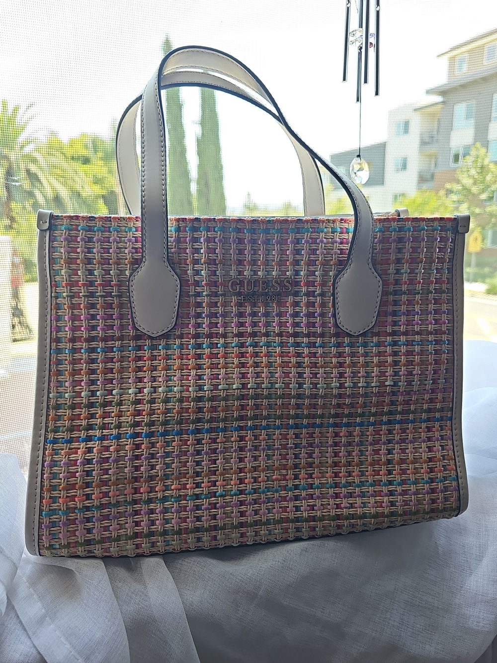 GUESS Multicolor Woven Tote with Cream Trim
